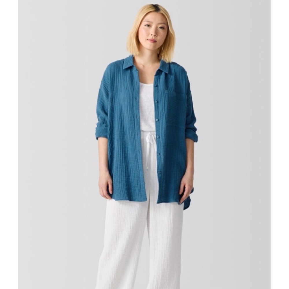 Eileen Fisher Organic Cotton Lofty Gauze Tunic Shirt Blue Boxy Button Front M